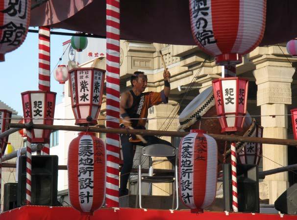 Figure 22. A drummer playing the taiko on top of a yagura Tsukiji Honganji Bon Odori, Tsukiji Honganji, Tsukiji, Tokyo. August 7, 2008 Photo by the author.