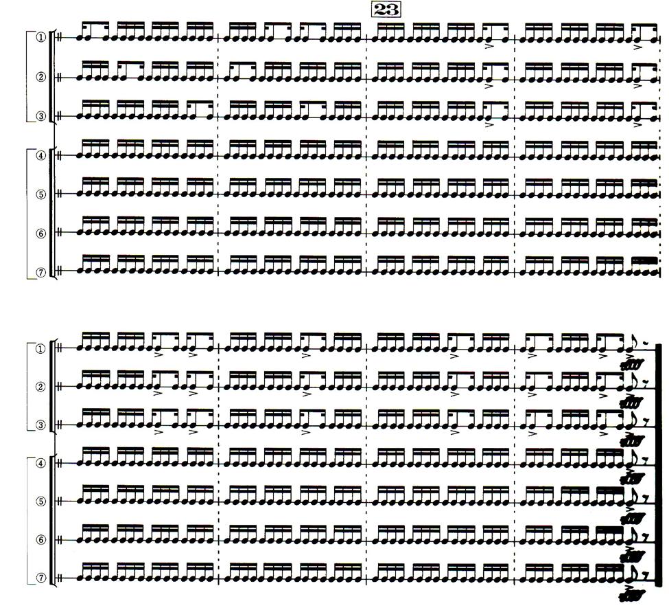 Figure 48. The final measures of "Monochrome" The top three lines are played on nagadō-daiko; the bottom three, shime-daiko.