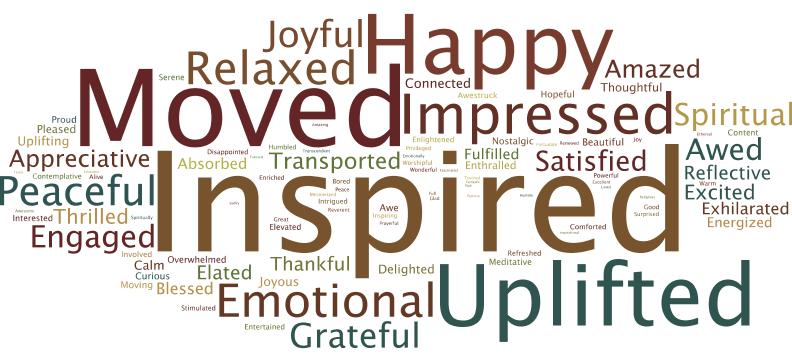 1. Amusement (happiness, joy, thrill, festivity) 2. Fulfillment and gratitude (contentedness, satisfaction, grateful, appreciative) 3. Spiritual awareness (inspired, uplifted, meditative) 4.