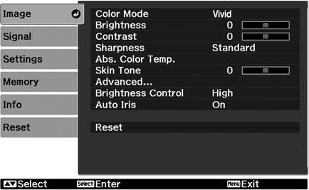 Making Detailed Adjustments You can use the projector s on-screen menus to make detailed adjustments to the image quality such as the brightness, contrast, sharpness, and color.