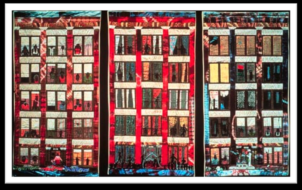 Roselle Public Schools Street Story Quilt #1, 2, 3 1985 Acrylic on canvas, dyed,