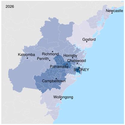 Figure 9. Concentration of couple families with children by region, Greater Sydney, 2016 and 2026 Source: BCAR analysis.