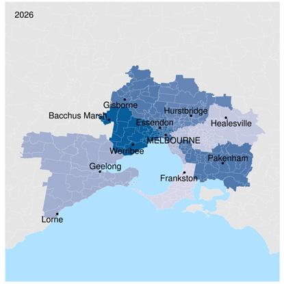 Concentration of couple families with children by region, Greater Melbourne, 2016 and 2026 Source: BCAR analysis.
