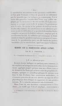 182 183 182 PASTEUR, LOUIS. 1822-1895. Mémoire sur la fermentation appelée lactique. In: Annales de chimie et de physique, 3rd Series, vol 52, pp 404-18. Paris: Victor Masson, 1858.