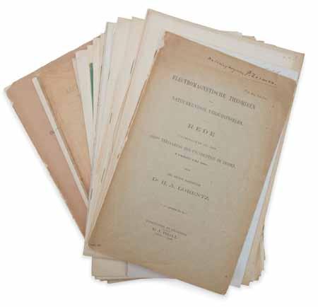 230 230 LORENTZ, HENDRIK ANTOON. 1853-1928. Collection of 79 offprints and extracts. 1880-1926. Various sizes. Offprints in original wrappers, extracts unbound. Housed in 3 cloth clamshells.