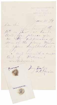 276 EDISON, THOMAS ALVA. 1847-1931. Autograph Letter Signed ( Thomas Edison ), 1 p, 4to, Menlo Park, New Jersey, June 28, 1879, to Egbert A.