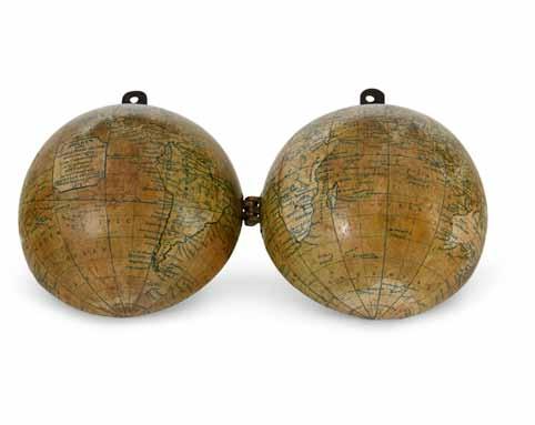 4 cm) diameter, 5½ tall terrestrial globe, steel axis pin on gold painted tripod iron stand, 12 printed color paper gores, the continents shaded green, yellow or tan, the oceans marked with major