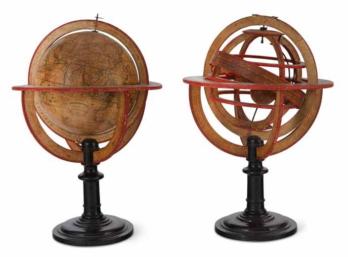 38 38 ARMILLARY SPHERE AND TERRESTRIAL GLOBE; DELAMARCHE, FÉLIX. [Untitled Armillary Sphere.] WITH: Globe Terrestre Dressé par Fx. Delamarche. [Paris]: Delamarche, 1834.