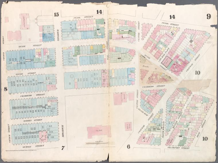 Document 7: Image Title: [Plate 9: Map bounded by Pearl Street, Chatham Street, Duane Street, Rose Street,