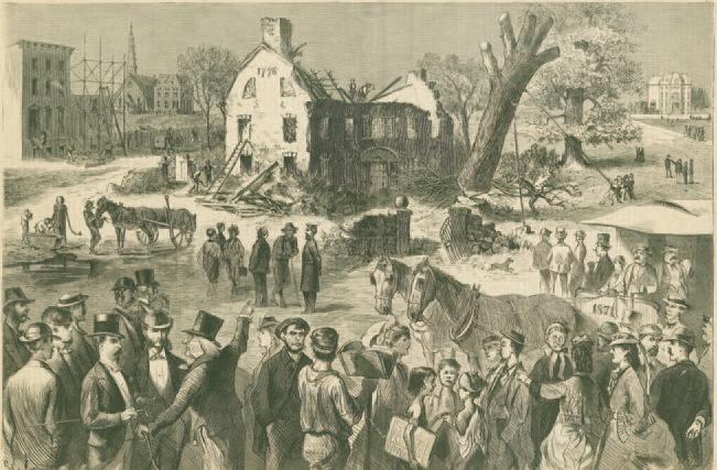 Image Title: Charles S. Reinhart, The March of Modern Improvement Destruction of Old Buildings in Upper New York. Wood engraving, printed in Harper s Weekly, October 28, 1871.