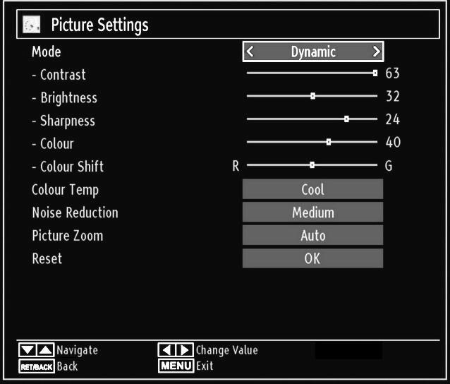Colour Temp: Sets the desired colour tone. Setting Cool option gives white colours a slight blue stress. For normal colours, select Normal option.