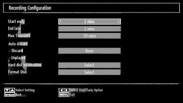 Recording Configuration Select Recording Confi guration item in the Settings menu to confi gure recording settings. The following menu is displayed for recording confi guration.