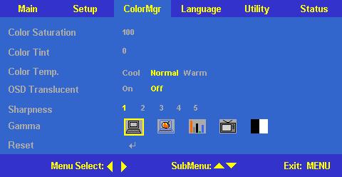 Color Manager Menu PC Mode Video Mode Color Temp. Color Saturation Use arrow keys Left / Right ( / ) to select different color temperature Adjustment range: from cool, normal, warm by 4 steps.