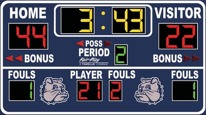 The BB-1620-4 includes all of the basic game information your sports program requires, as well as additional features such as timeouts left and the option to display your team logo.