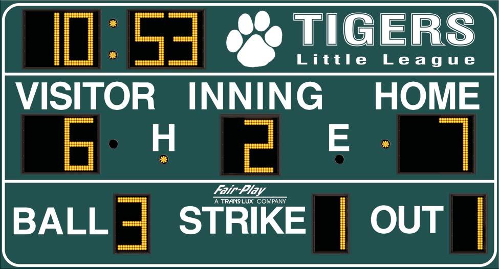 environments call for a scoreboard that can do it all. You can make the call by changing the captions. These outdoor models integrate a two- or four-digit clock.
