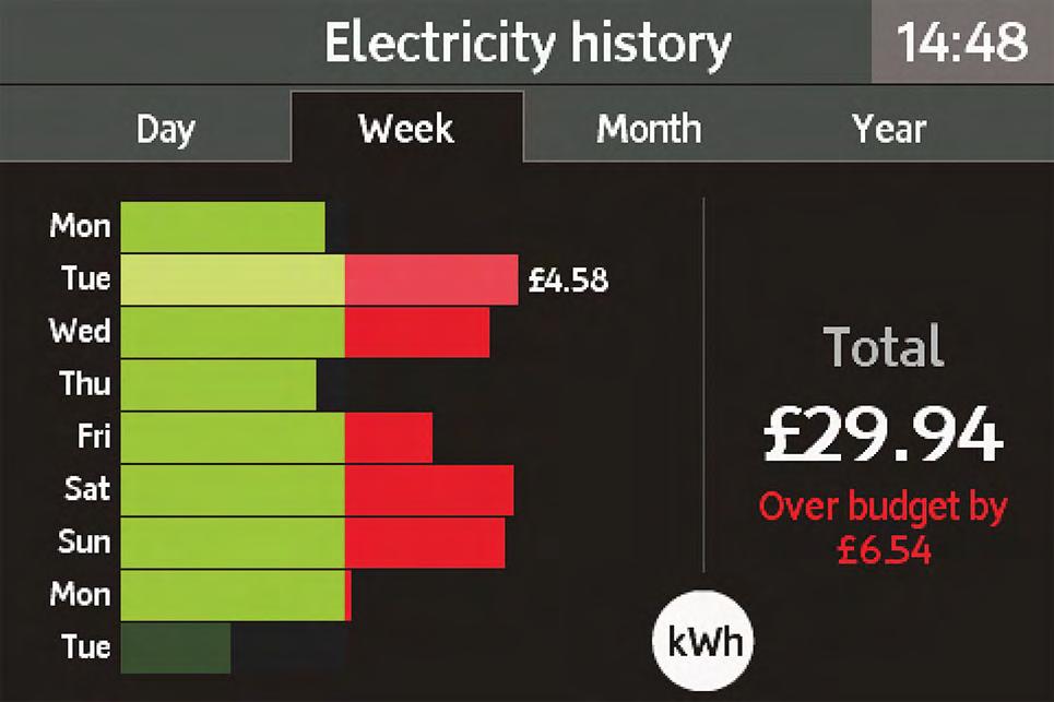 History screens Electricity history By selecting Electricty usage from the Menu screen, you can see your recent usage. Each bar represents a one hour period and is shown in green.