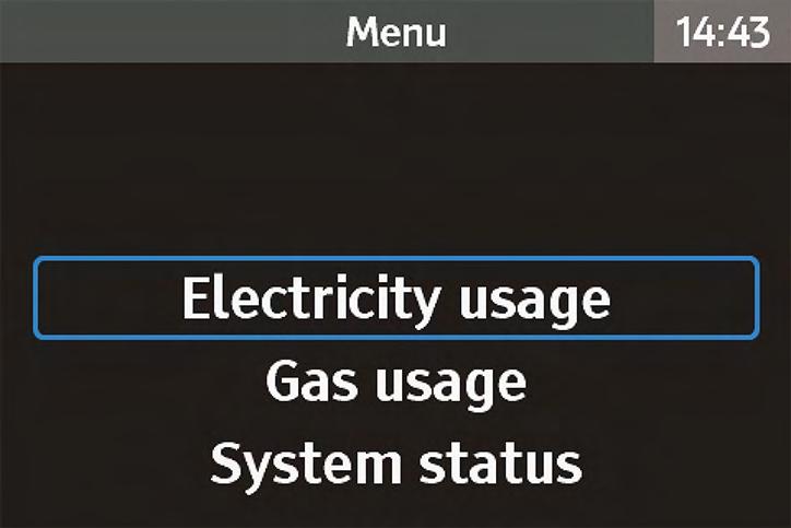 Menu Overview Electricity usage Gas usage The main menu (fig. xiv) can be accessed by pressing the button whilst on the home screen.