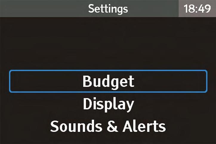 Settings Overview Budget Display Fig. xvi Fig. xvii Fig. xviii The Settings menu (fig. xvi) can be reached from the main Menu.