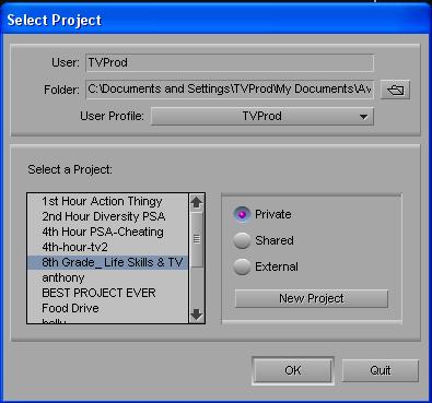 Projects scroll list located in the left column, and then click OK.