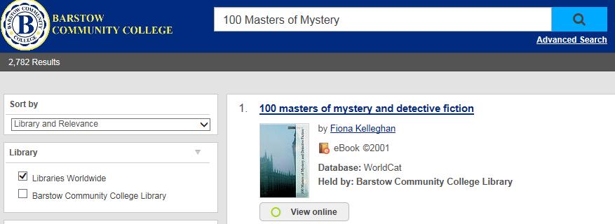 If you are looking for the following title on the OPAC: 100 Masters of Mystery If you do a key word search the record will come up with others and it will show that this particular title is an E-book.