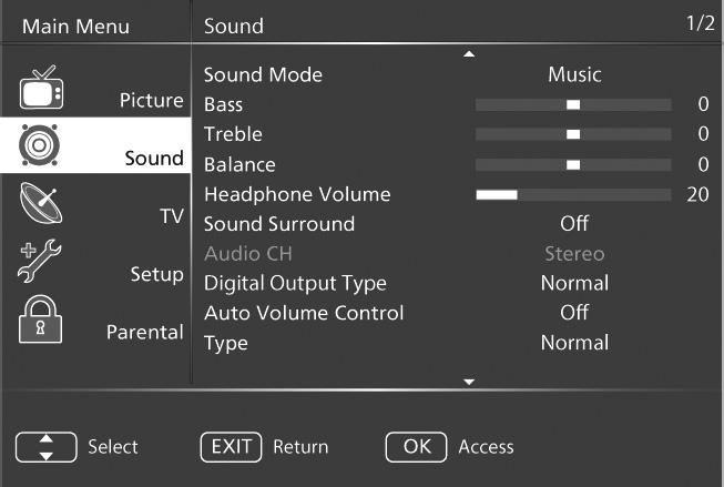 TV Menu Operation SOUND MENU Sound Mode - Choose from the following presets User Selects your personal sound settings Music Emphasises music over voices Speech Emphasises voices over music Tip: