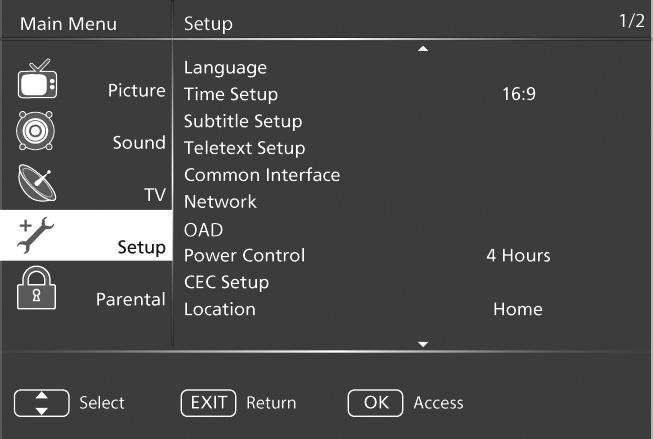 TV Menu Operation SETUP MENU Language - Allows you to change the language of the menu Time Setup - Choose from the following options: Time Zone Set or Adjust the time and date Sleep Timer Lets you