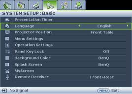 Press MENU/EXIT on the projector or remote control to turn the OSD menu on. 3.