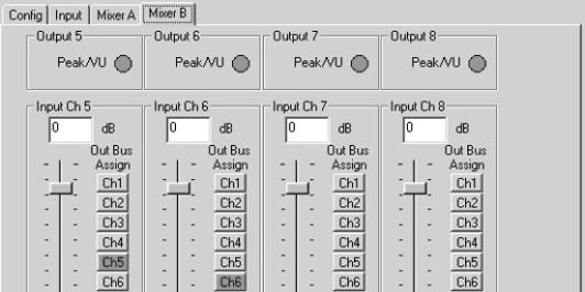 Mixer B Menu Outputs 5-8 provides peak/vu status, with the same methodology as the front panel VU indicators, but on a per-channel basis, rather than perchannel pair.