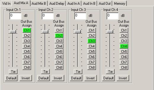 Use the Aud Mix A menu below to control the audio mixing and shuffling of Input Channels 1 through 4. Each output bus assignment will be indicated by a green box.