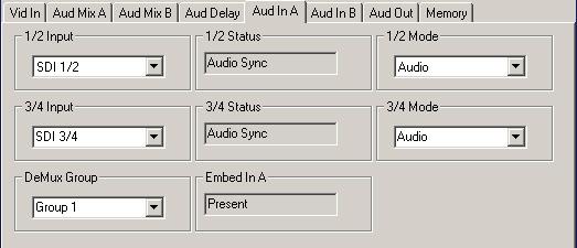 Use the Aud In A menu shown on the next page adjust the following parameters: 1/2 Input select the input audio source for Input 1/2. 3/4 Input select the input audio source for Input 3/4.
