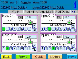Use the Aud Mix A menu below to control the audio mixing and shuffling of Input Channels 1 through 4. Each output bus assignment will be indicated by a green box.