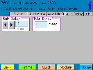 Use the Aud Delay menu shown below to adjust the amount of audio delay on the output: Bulk Delay set the amount of bulk delay using the left and right