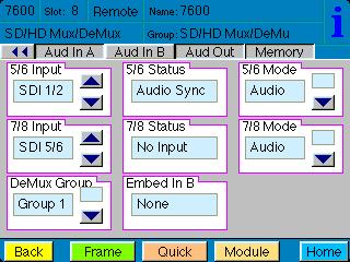 Use the Aud In B menu shown below to adjust the following parameters: 5/6 Input select the input audio source for Input 5/6. 7/8 Input select the input audio source for Input 7/8.