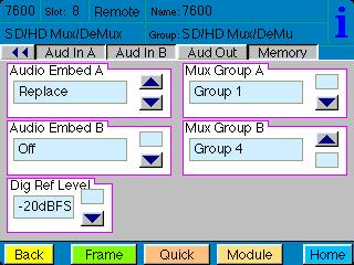 Use the Aud Out menu shown below to adjust the following audio output parameters: Audio Embed A turn embedding Off for no embedding to take place in the output signal.