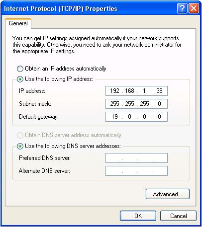 6. Select Use the following IP Address and enter the details as shown in Figure 5. You can use any IP address in the range 192.168.1.1 to 192.168.1.255 (excluding 192.168.1.39) that is provided by your IT department.