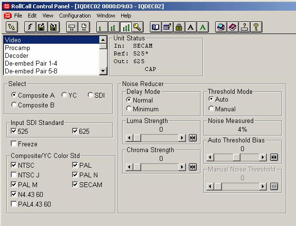 RollCall PC Control Panel Screens Video Select This allows either the Composite A, Composite B, YC or SDI input to be selected for processing.