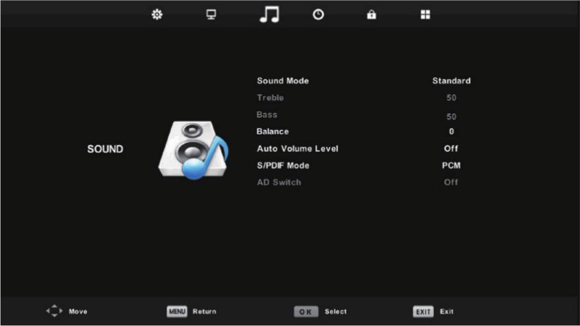 Sound Menu (DTV Mode) Sound mode: Available options: standard, music, movie, sports, personal Treble/Bass: use these items to adjust the levels of higher pitched sounds (treble) and lower-pitched