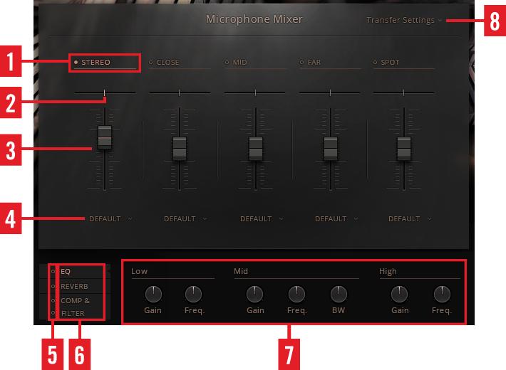 Audio Mix-down The Microphone Mixer View The Microphone Mixer (1) Microphone Position On/Off switch: Click the indicator to activate either (combinations of) distinct microphone positions or the