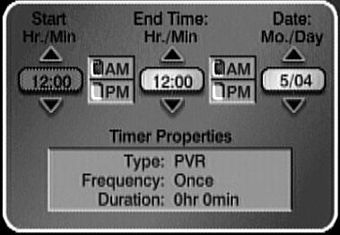 Select a Timer Type (see page 9-2 for more details). 6. Select Options (see page 9-3 for more details). 7. Select the channel (satellite or off-air).