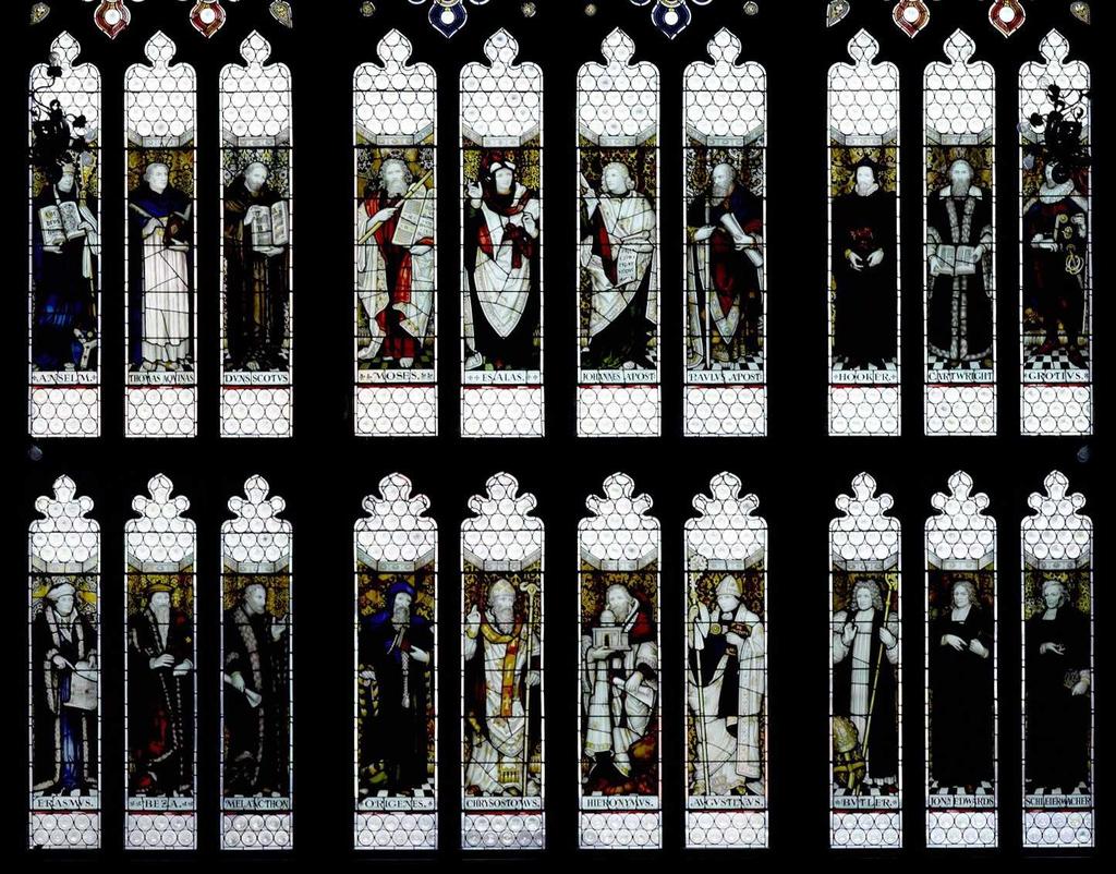 10 What do the stained glass windows show? The window behind the statue of John Rylands represents Theology with figures from the Bible and Chrisan history. Top row from le): St.