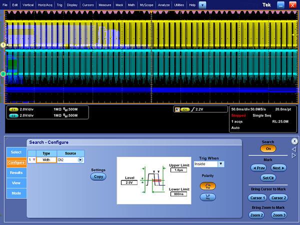 The Advanced Search and Mark feature on the Tektronix MSO/DPO5000, DPO7000, and MSO/DPO70000 Series Oscilloscopes finds unique events in waveforms.