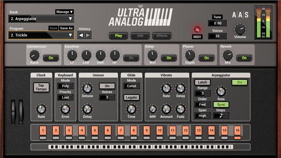 14 Architecture of Ultra Analog VA The first view, called the Play view of the instrument, gives access to different performance parameters as well as to a step sequencer.