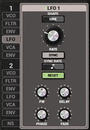 34 Parameters Phase and Reset Mode The LFO module behaves in a polyphonic way which means that a low frequency oscillator is associated with each voice of the polyphony.