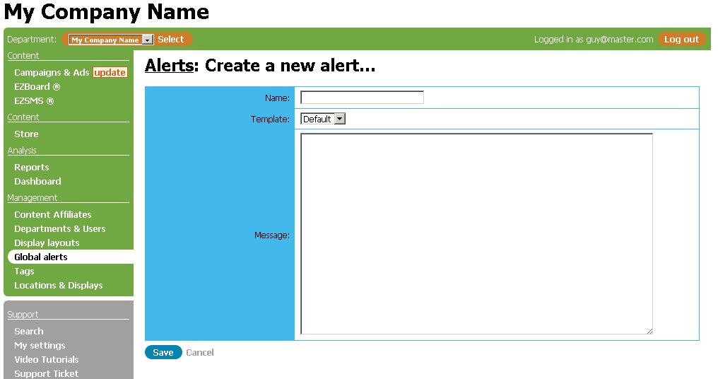 NAME: Enter alert name. TEMPLATE: Select a template from the drop down list.