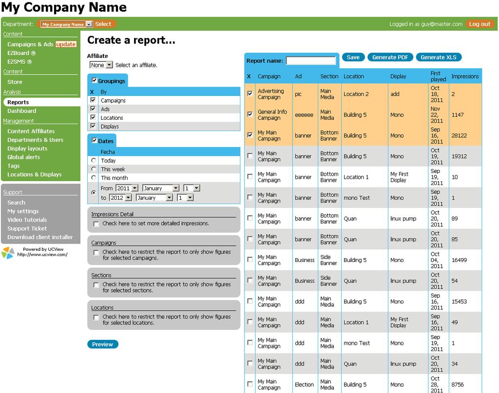 The Report page allows the creation of the following report types: Select Ad Lines: Check box all the result you want to bring to the report.