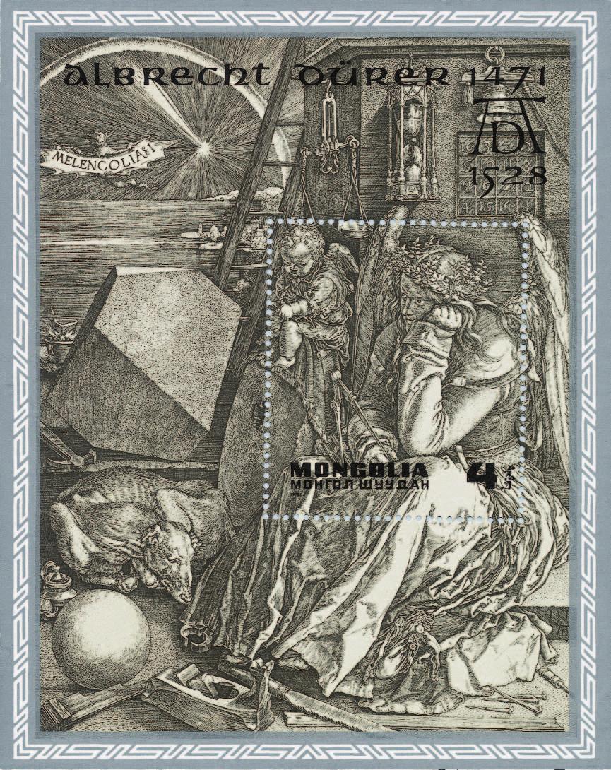 Albrecht Dürer s enigmatic engraving Melencolia I appears on this miniature sheet from Mongolia. It features the brooding figure of Melancholy in reflective mood, holding a pair of compasses.