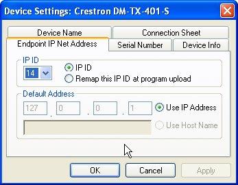 DigitalMedia 8G Fiber Transmitter 401 Crestron DM-TX-401-S/S2 The system tree of the control system displays the DM transmitter in the appropriate slot with a default IP ID as shown in the following