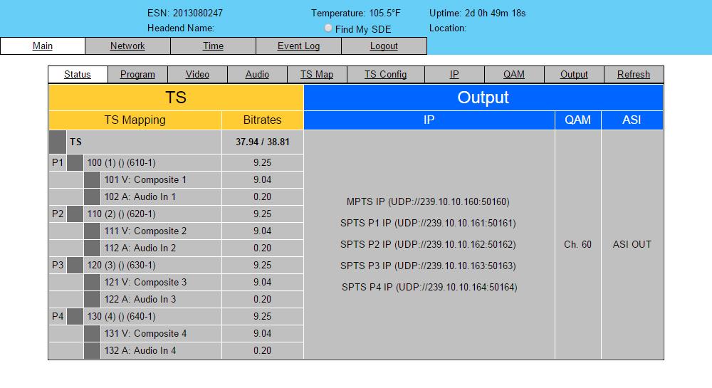 MPEG-2 Encoder.2 "Main > Status" Screen The Main > Status screen (Figure.2) is a read only screen and displays the following information: 2 Figure.