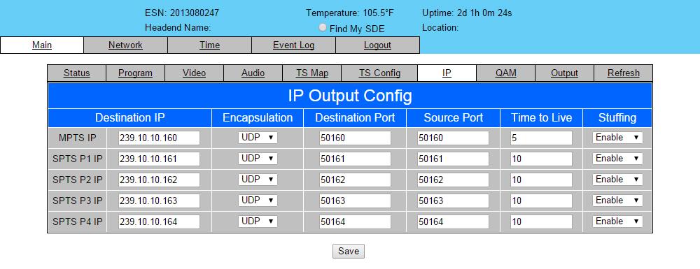 MPEG-2 Encoder 2.8 "Main > IP" Screen The Main > IP screen (Figure.8) is a read and write screen to assign IP parameters for the TS: 2 6 Figure.