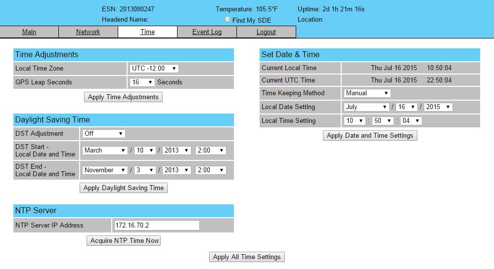 MPEG-2 Encoder. "Time" Screen The Time screen (Figure.) is a read and write screen that allows you to set the current date and time for the SDE- AV-QAM.